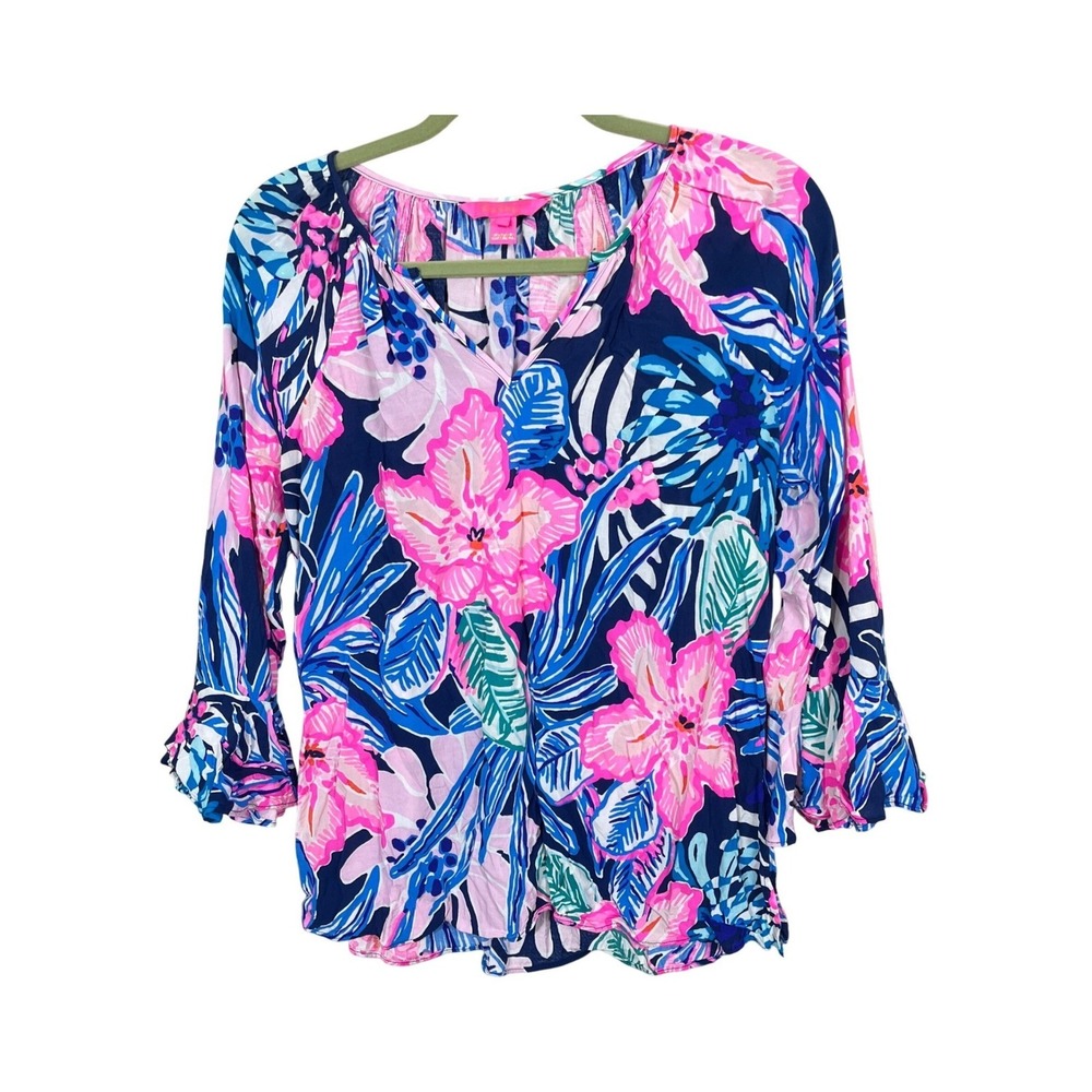 Lilly Pulitzer Blouse Womens Small Pink Blue Floral Ruffle Sleeve Rayon Top